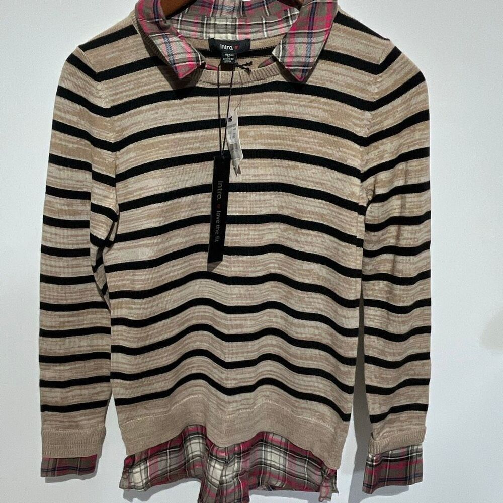 Intro Womens Multicolor Stripe Plaid Collared Layered Pullover Sweater Small NWT